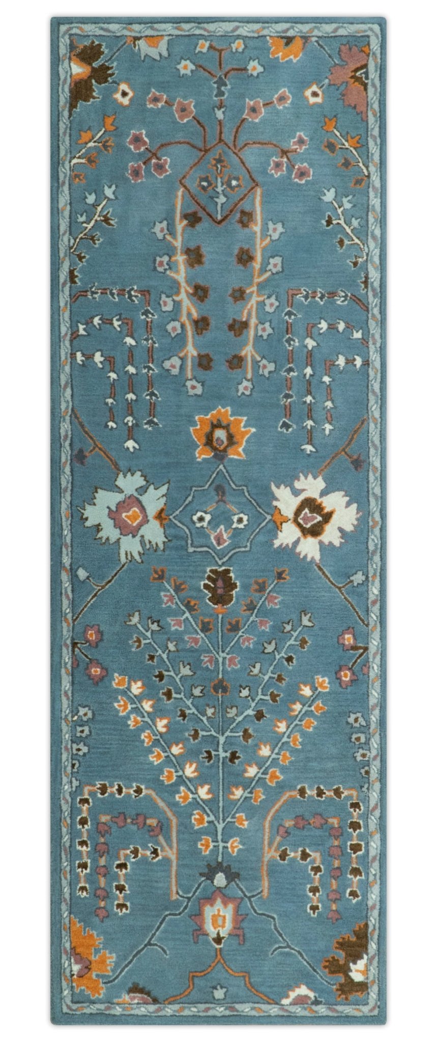 Tree of life Hand Tufted Teal Blue, Brown and Red Traditional Floral Custom Made Wool Area Rug, Kids, Living Room and Bedroom Rug - The Rug Decor