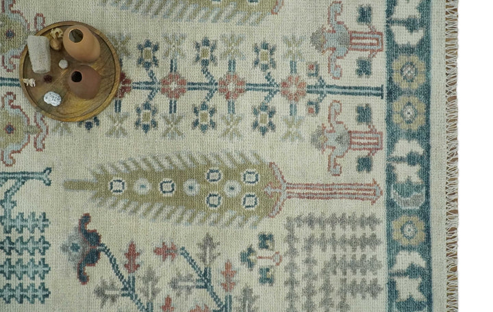 Tree of life Ivory, Teal, Olive and Brown Hand Knotted Traditional Oushak wool Area Rug - The Rug Decor