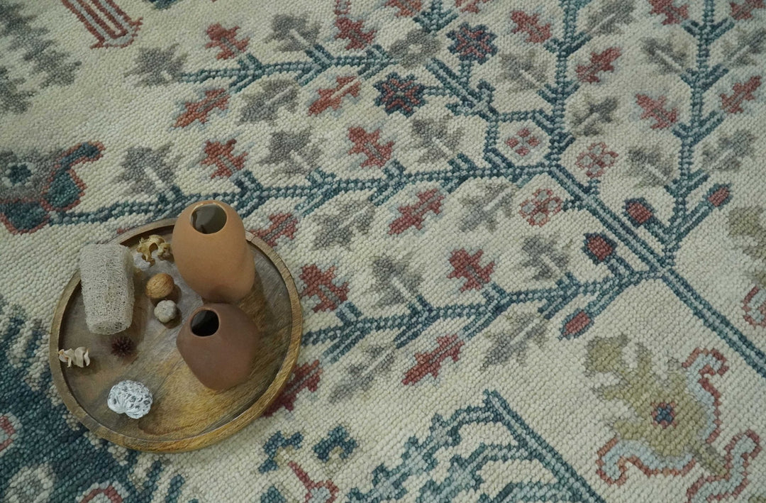 Tree of life Ivory, Teal, Olive and Brown Hand Knotted Traditional Oushak wool Area Rug - The Rug Decor