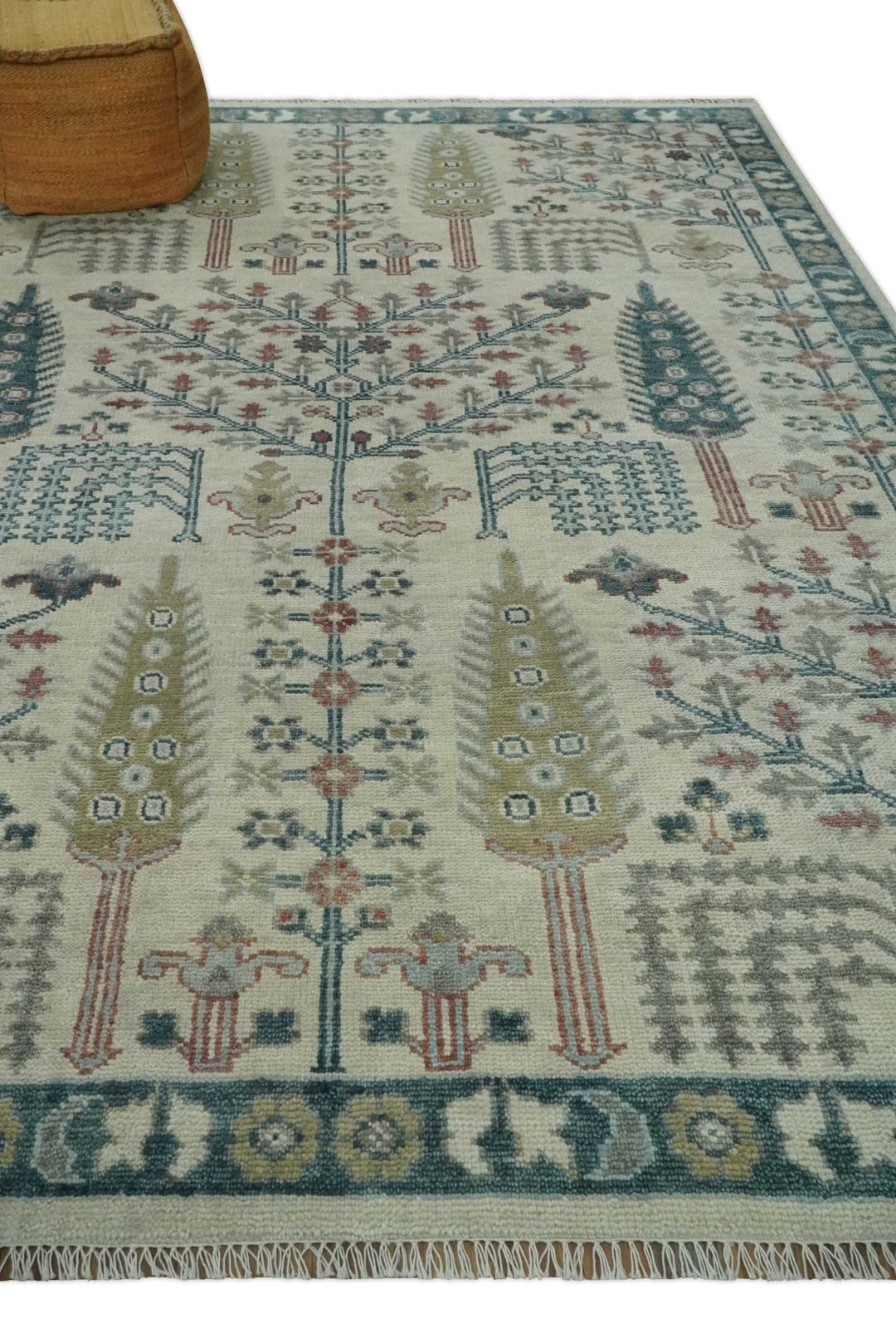 Tree of life Ivory, Teal, Olive and Brown Hand Knotted Traditional Oushak wool Area Rug - The Rug Decor