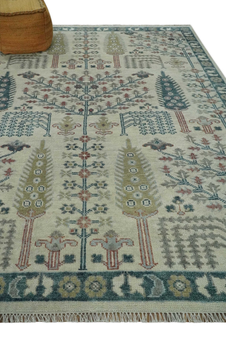 Tree of life Ivory, Teal, Olive and Brown Hand Knotted Traditional Oushak wool Area Rug - The Rug Decor