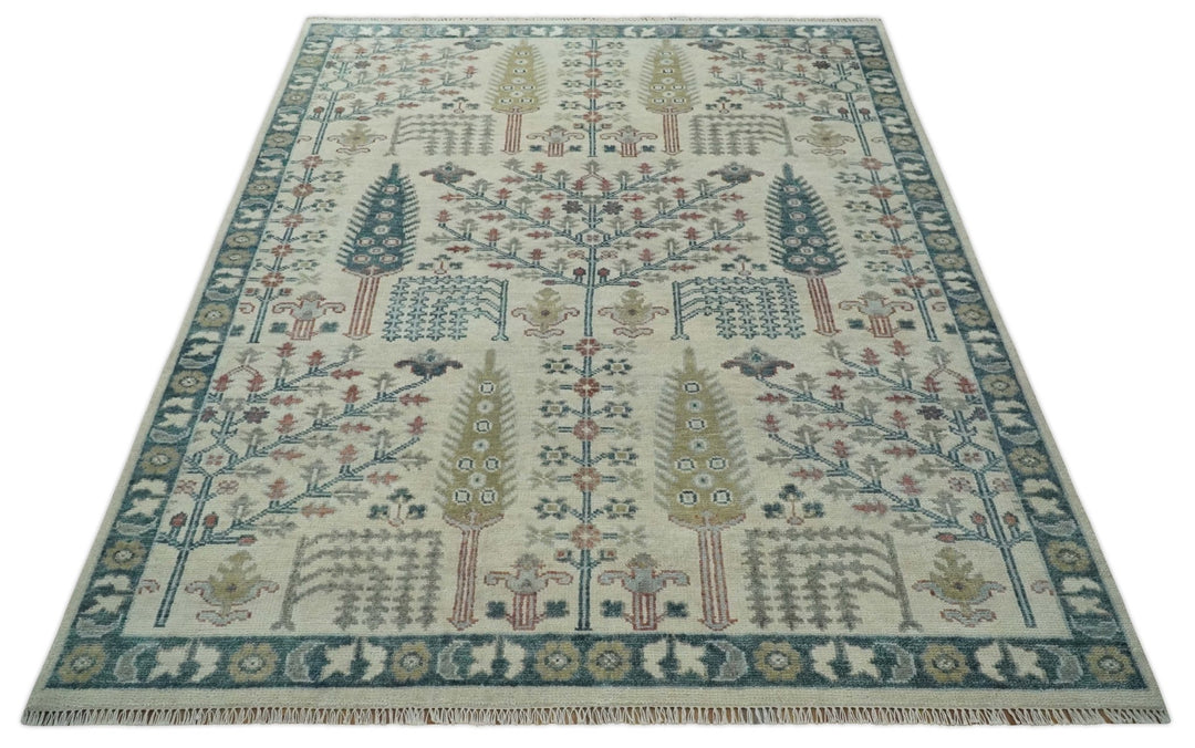 Tree of life Ivory, Teal, Olive and Brown Hand Knotted Traditional Oushak wool Area Rug - The Rug Decor