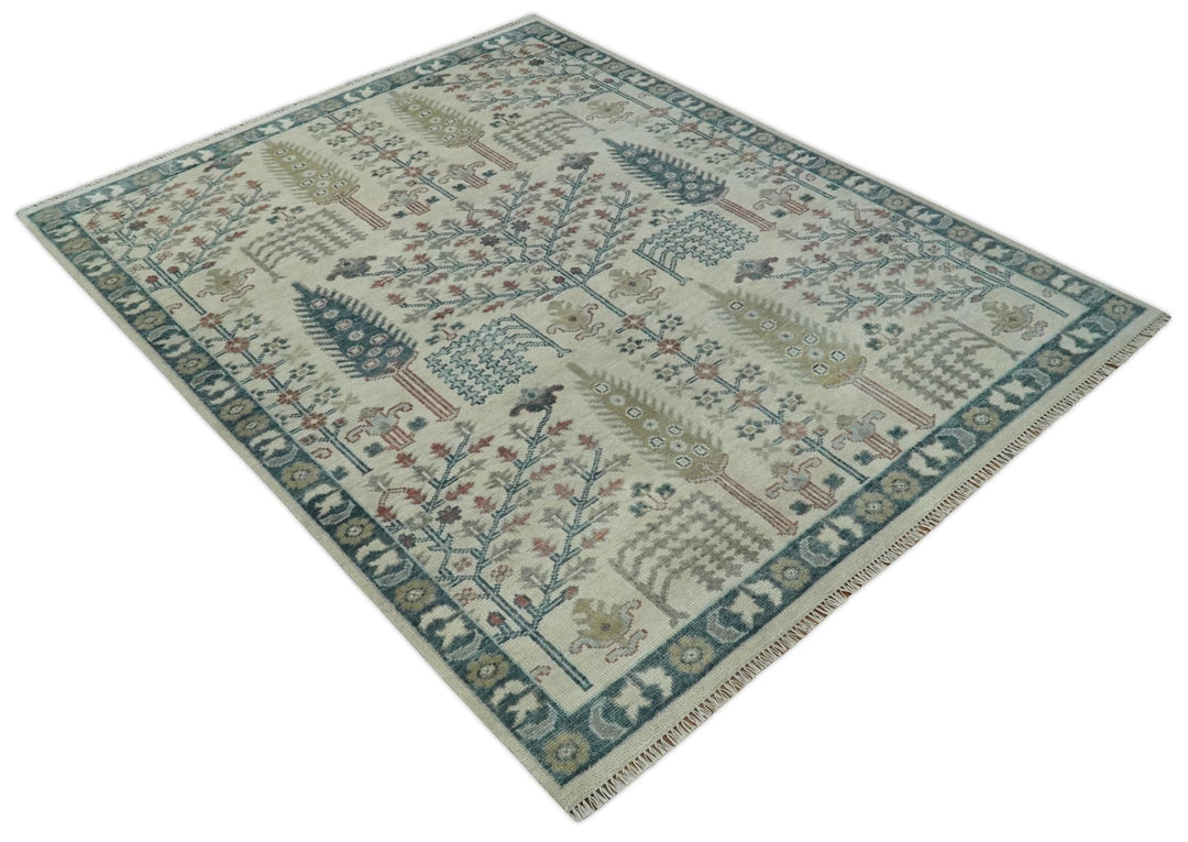 Tree of life Ivory, Teal, Olive and Brown Hand Knotted Traditional Oushak wool Area Rug - The Rug Decor