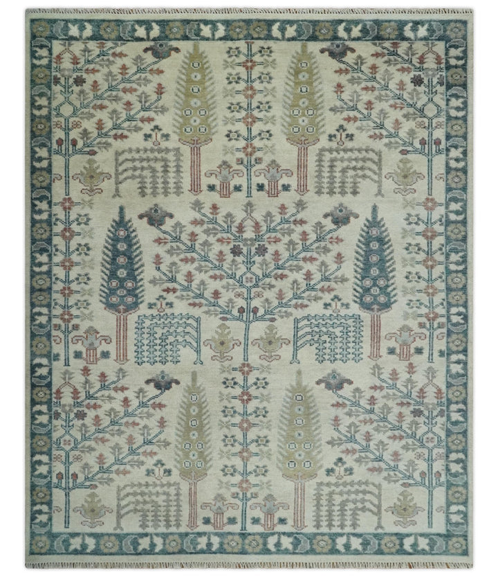 Tree of life Ivory, Teal, Olive and Brown Hand Knotted Traditional Oushak wool Area Rug - The Rug Decor