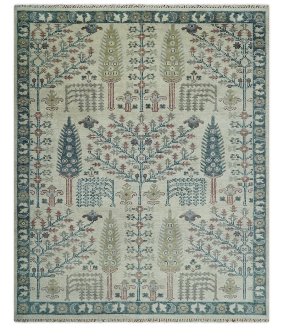 Tree of life Ivory, Teal, Olive and Brown Hand Knotted Traditional Oushak wool Area Rug - The Rug Decor