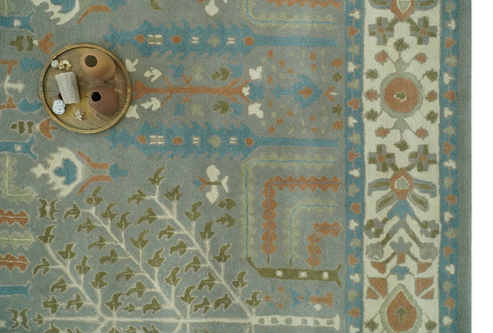 Tree of life Traditional Floral Gray, Beige, Green and Dark Peach Hand Tufted wool Area Rug - The Rug Decor