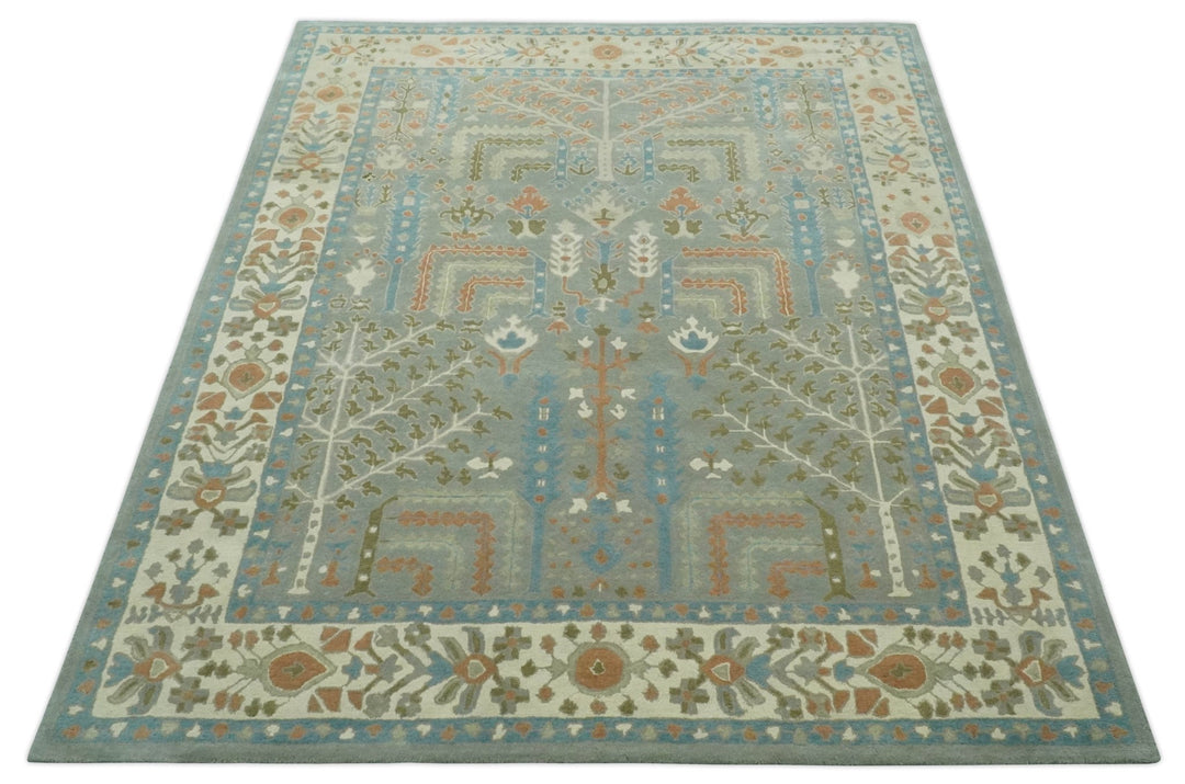 Tree of life Traditional Floral Gray, Beige, Green and Dark Peach Hand Tufted wool Area Rug - The Rug Decor