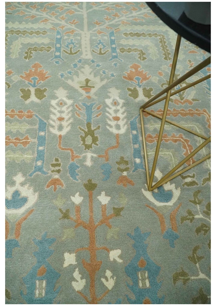 Tree of life Traditional Floral Gray, Beige, Green and Dark Peach Hand Tufted wool Area Rug - The Rug Decor