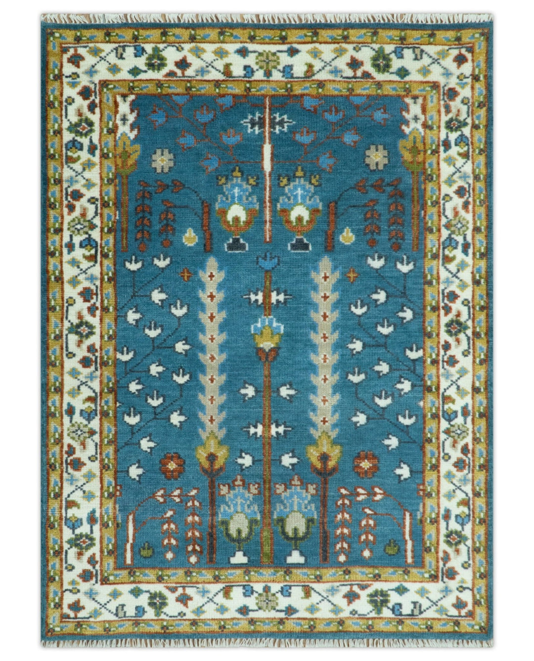Tree of Life Traditional Hand Knotted Teal Blue and Ivory Custom Made Wool Area Rug - The Rug Decor