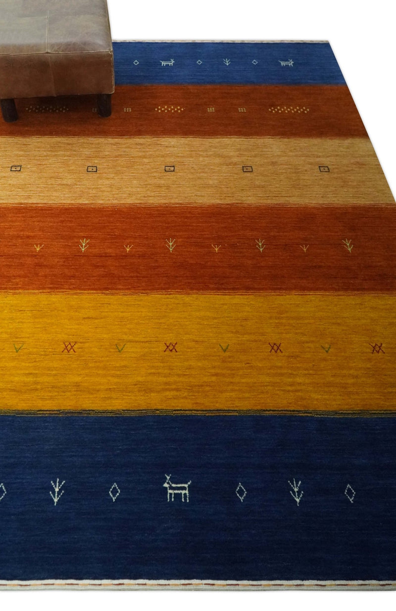 Tribal Gabbeh Blue, Brown, Gold and Rust 4.6x6.6 Stripes Design Wool area Rug - The Rug Decor