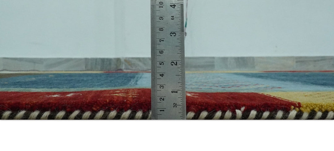 Tribal Gabbeh Blue, Gold, Maroon and Ivory Stripes design Traditional Hand loom 4.6x7 Wool Area Rug - The Rug Decor