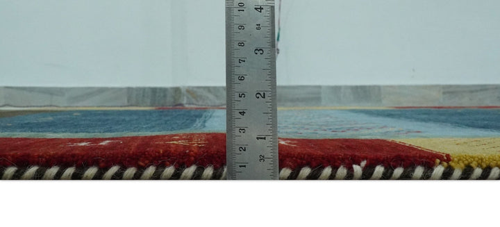 Tribal Gabbeh Blue, Gold, Maroon and Ivory Stripes design Traditional Hand loom 4.6x7 Wool Area Rug - The Rug Decor