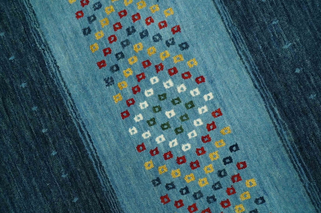 Tribal Gabbeh Blue, Gold, Maroon and Ivory Stripes design Traditional Hand loom 4.6x7 Wool Area Rug - The Rug Decor