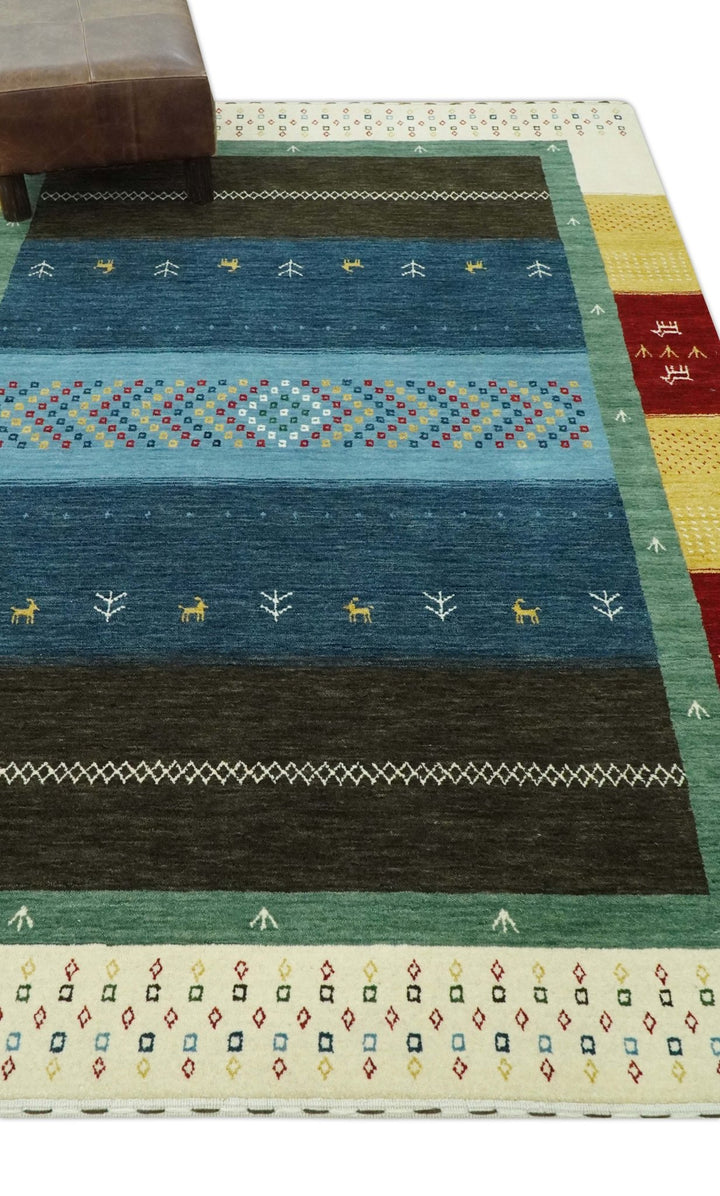 Tribal Gabbeh Blue, Gold, Maroon and Ivory Stripes design Traditional Hand loom 4.6x7 Wool Area Rug - The Rug Decor