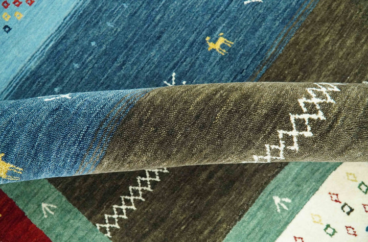 Tribal Gabbeh Blue, Gold, Maroon and Ivory Stripes design Traditional Hand loom 4.6x7 Wool Area Rug - The Rug Decor