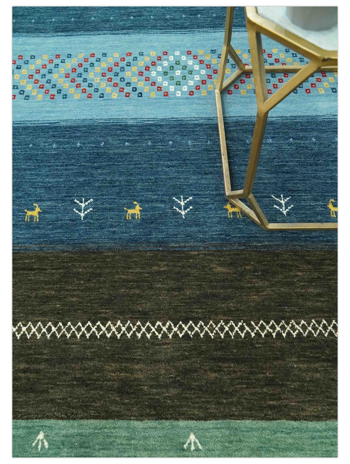 Tribal Gabbeh Blue, Gold, Maroon and Ivory Stripes design Traditional Hand loom 4.6x7 Wool Area Rug - The Rug Decor