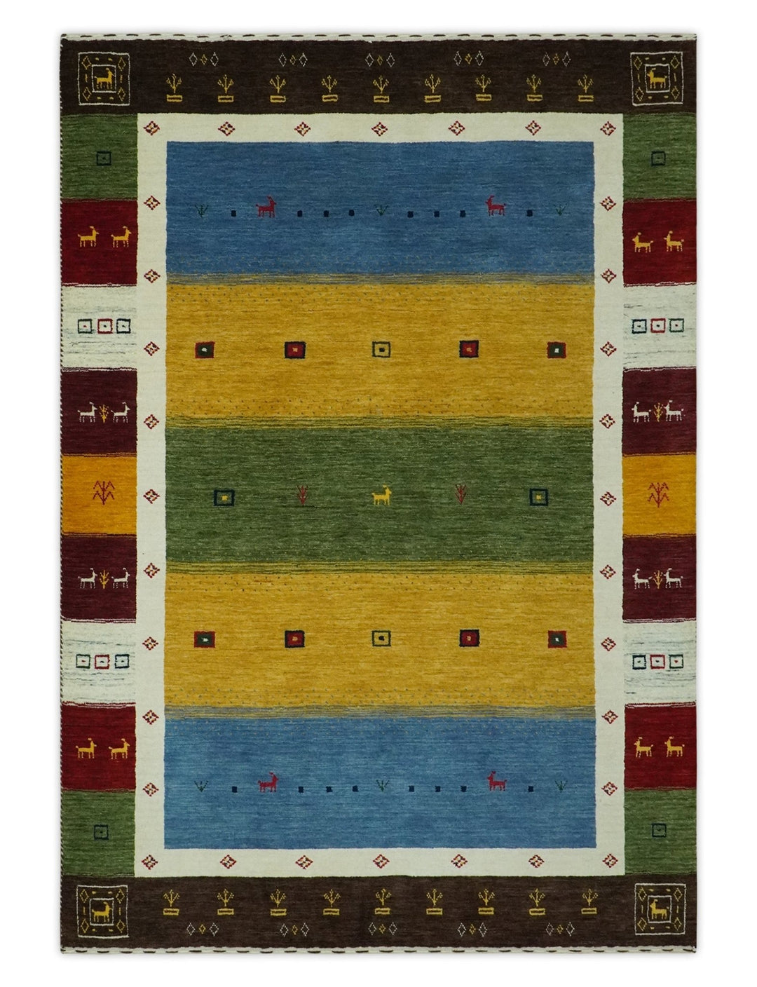 Tribal Gabbeh Green, Gold, Blue, Maroon and Ivory Stripes Design Traditional Hand loom 4.6x6.6 Wool Area Rug - The Rug Decor