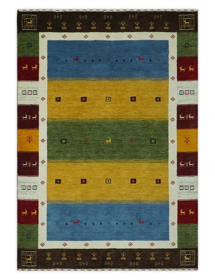 Tribal Gabbeh Green, Gold, Blue, Maroon and Ivory Stripes Design Traditional Hand loom 4.6x6.6 Wool Area Rug - The Rug Decor