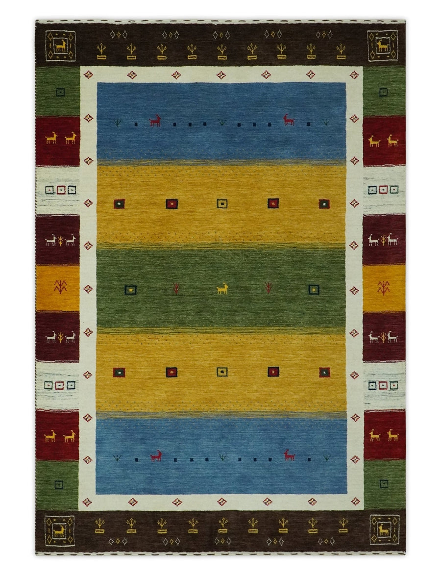 Tribal Gabbeh Green, Gold, Blue, Maroon and Ivory Stripes Design Traditional Hand loom 4.6x6.6 Wool Area Rug - The Rug Decor