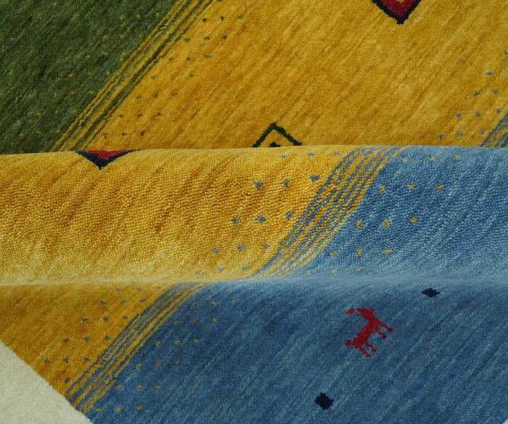 Tribal Gabbeh Green, Gold, Blue, Maroon and Ivory Stripes Design Traditional Hand loom 4.6x6.6 Wool Area Rug - The Rug Decor