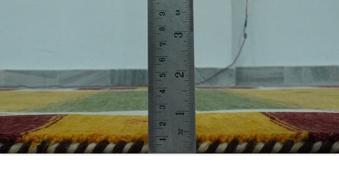 Tribal Gabbeh Green, Gold, Blue, Maroon and Ivory Stripes Design Traditional Hand loom 4.6x6.6 Wool Area Rug - The Rug Decor