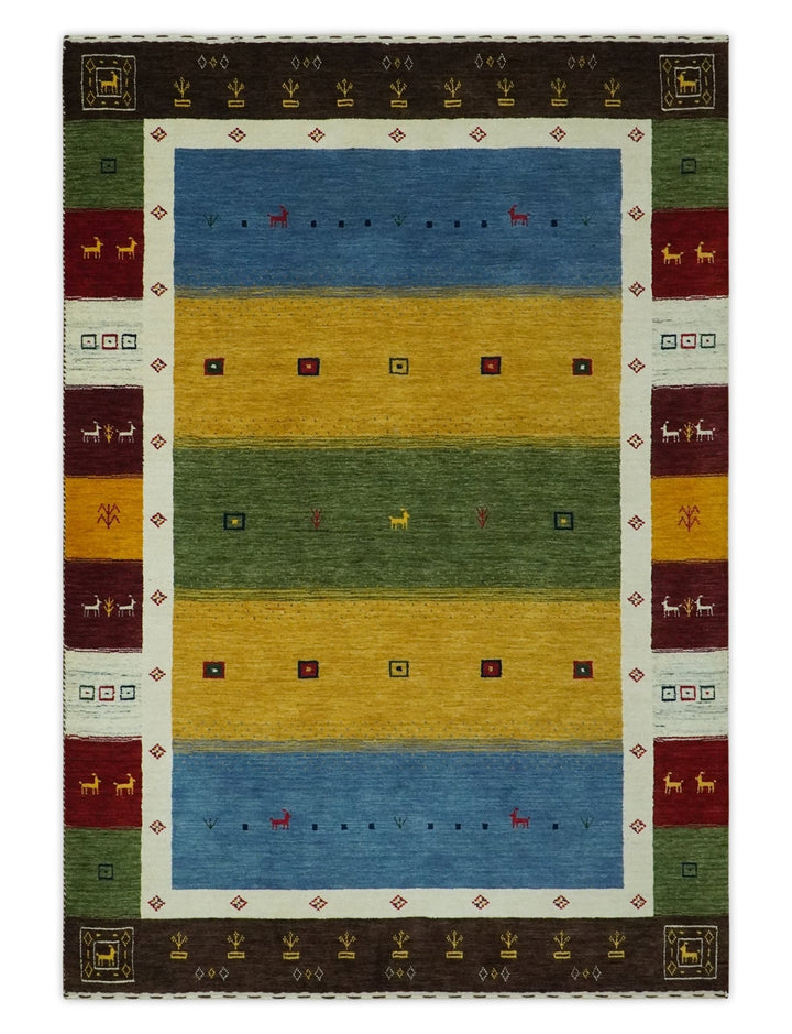 Tribal Gabbeh Green, Gold, Blue, Maroon and Ivory Stripes design Traditional Wool Area Rug - The Rug Decor