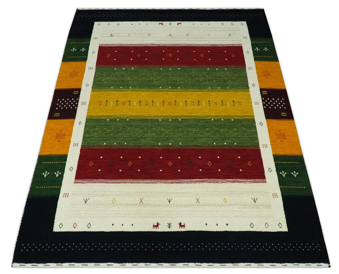 Tribal Gabbeh Green, Gold, Ivory, Maroon and Black Stripes design Traditional Hand loom 4.6x7 Wool Area Rug - The Rug Decor