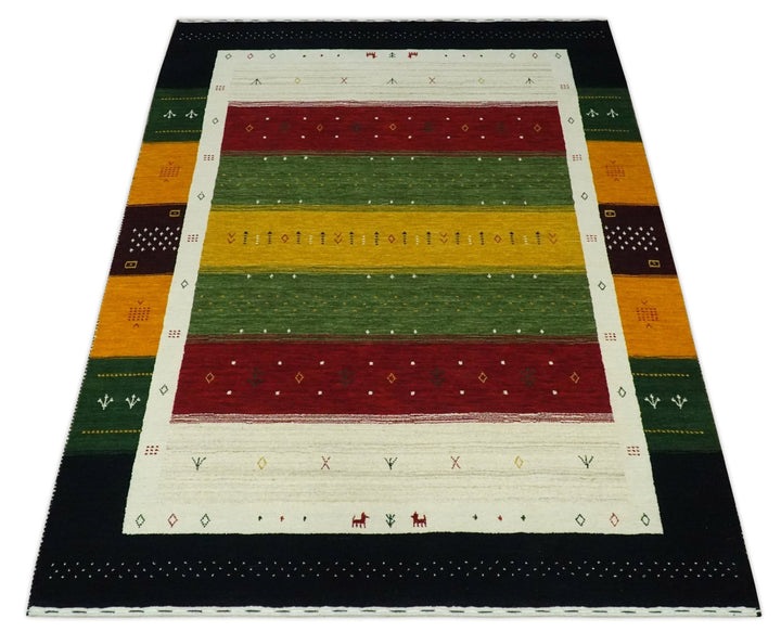 Tribal Gabbeh Green, Gold, Ivory, Maroon and Black Stripes design Traditional Hand loom 4.6x7 Wool Area Rug - The Rug Decor