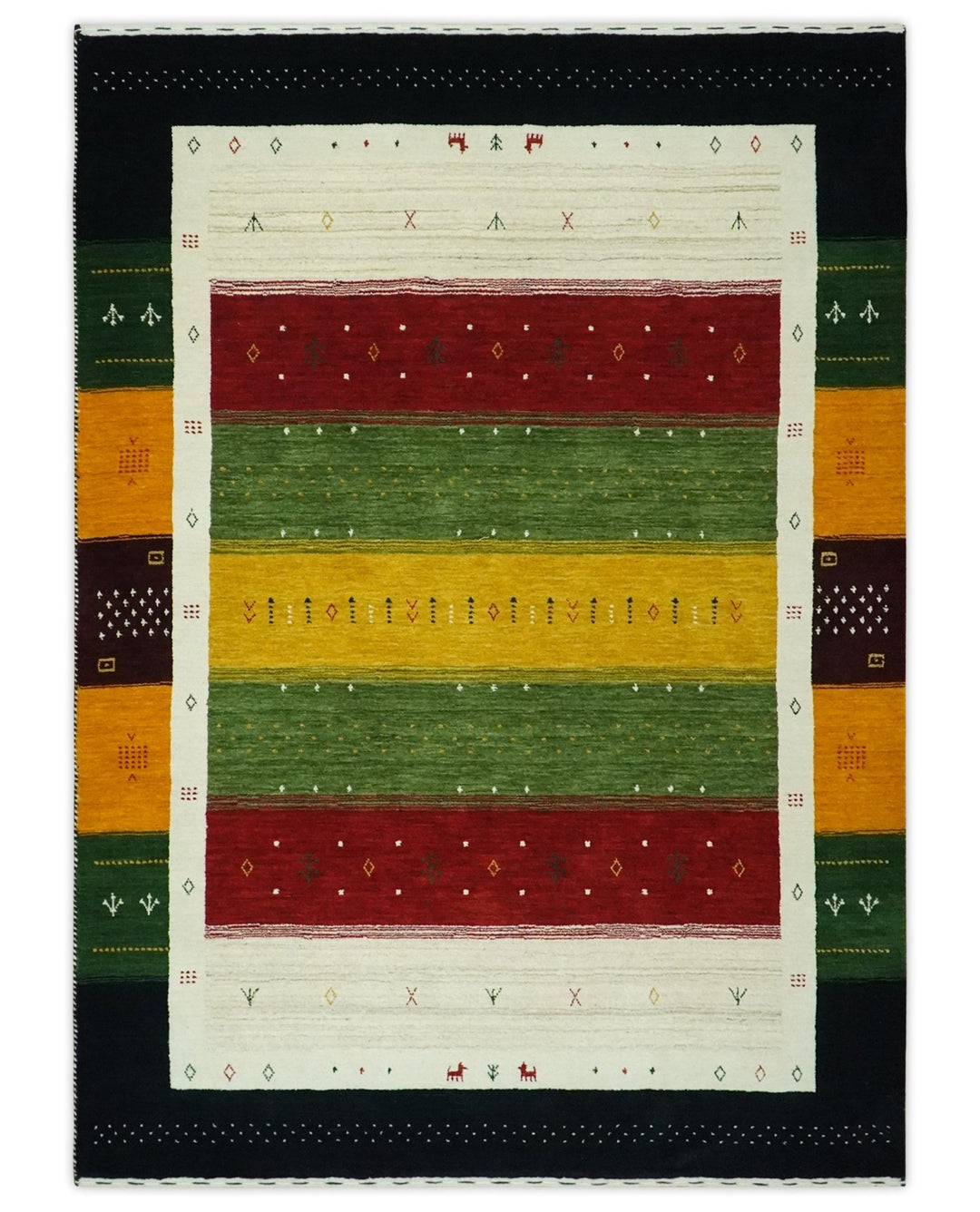 Tribal Gabbeh Green, Gold, Ivory, Maroon and Black Stripes design Traditional Hand loom Wool Area Rug - The Rug Decor