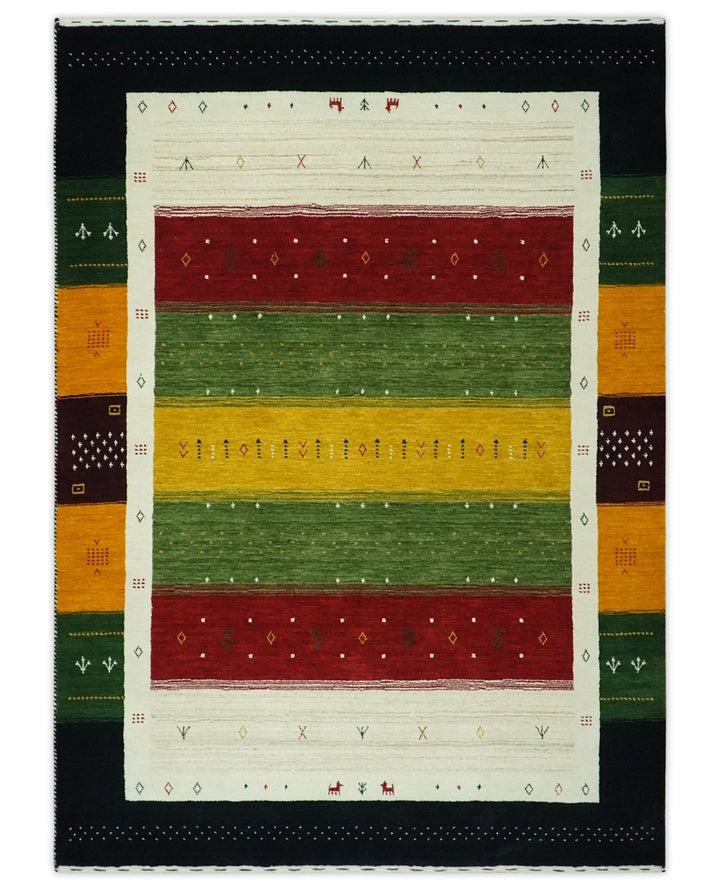 Tribal Gabbeh Green, Gold, Ivory, Maroon and Black Stripes design Traditional Hand loom Wool Area Rug - The Rug Decor