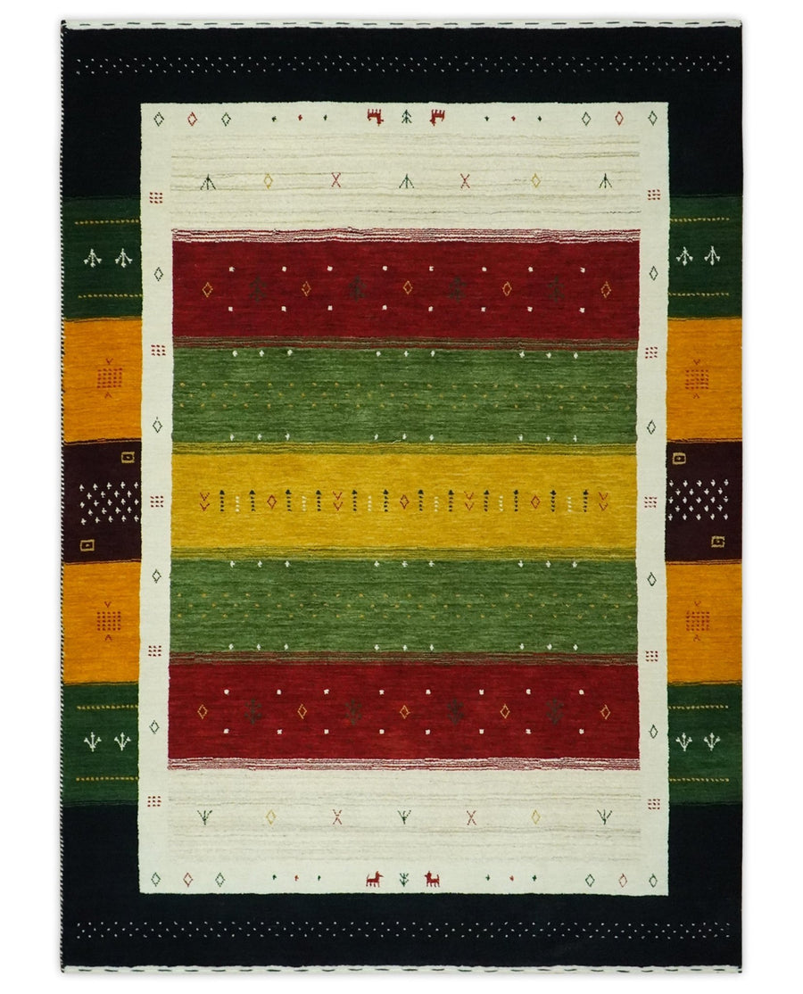 Tribal Gabbeh Green, Gold, Ivory, Maroon and Black Stripes design Traditional Hand loom Wool Area Rug - The Rug Decor