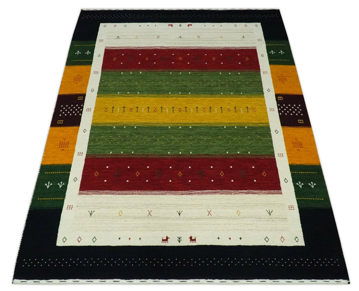 Tribal Gabbeh Green, Gold, Ivory, Maroon and Black Stripes design Traditional Hand loom Wool Area Rug - The Rug Decor
