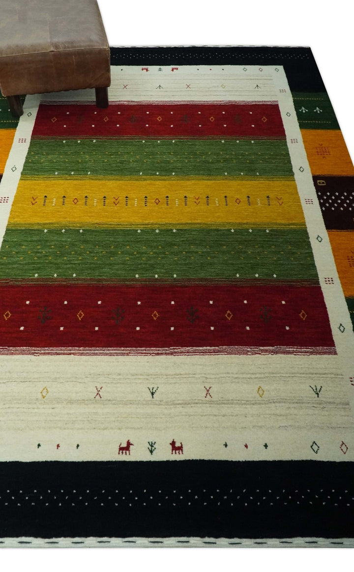 Tribal Gabbeh Green, Gold, Ivory, Maroon and Black Stripes design Traditional Hand loom Wool Area Rug - The Rug Decor