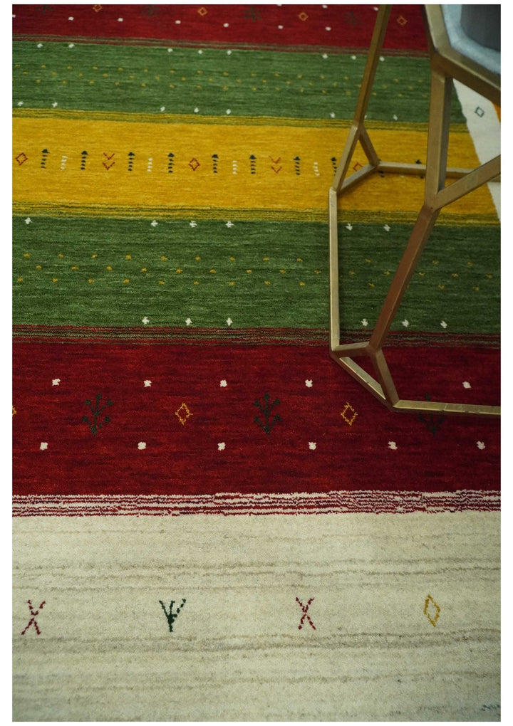 Tribal Gabbeh Green, Gold, Ivory, Maroon and Black Stripes design Traditional Hand loom Wool Area Rug - The Rug Decor