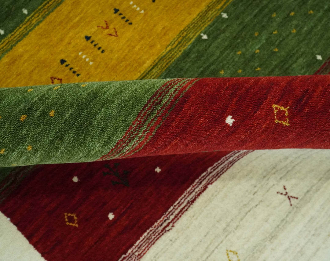 Tribal Gabbeh Green, Gold, Ivory, Maroon and Black Stripes design Traditional Hand loom Wool Area Rug - The Rug Decor