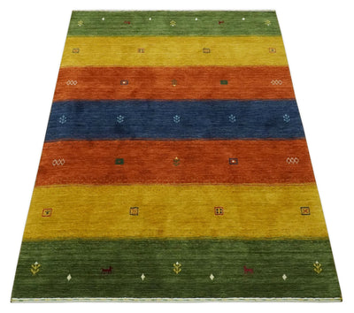 Tribal Gabbeh Green, Gold, Rust and Blue Stripes Design 4.6x7 Wool area Rug - The Rug Decor