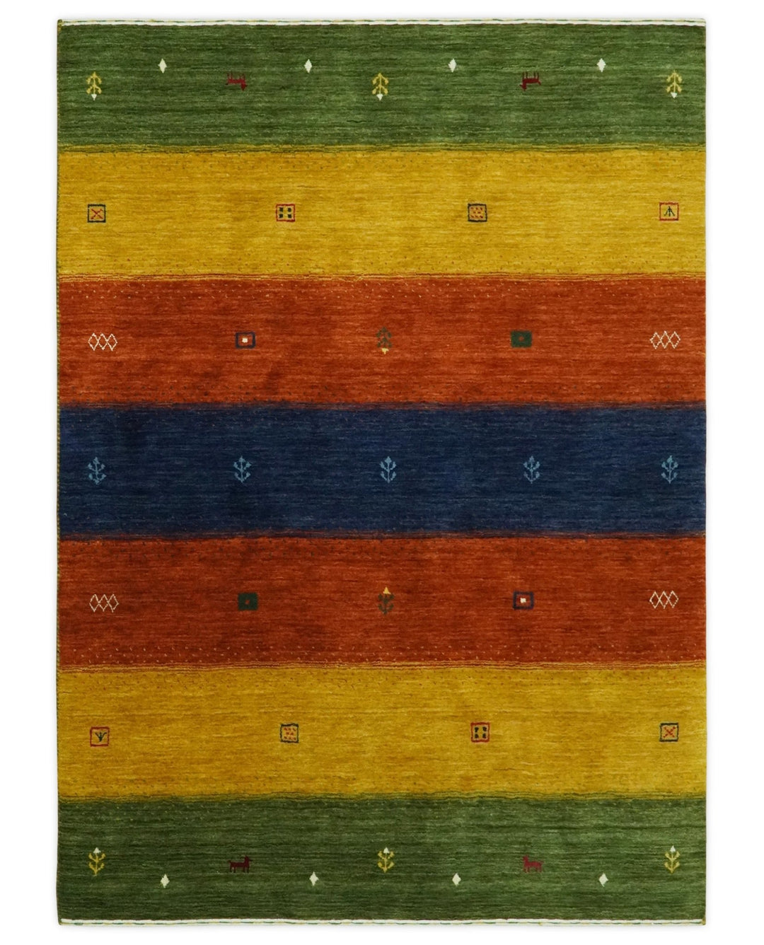 Tribal Gabbeh Green, Gold, Rust and Blue Stripes Design 4.6x7 Wool area Rug - The Rug Decor