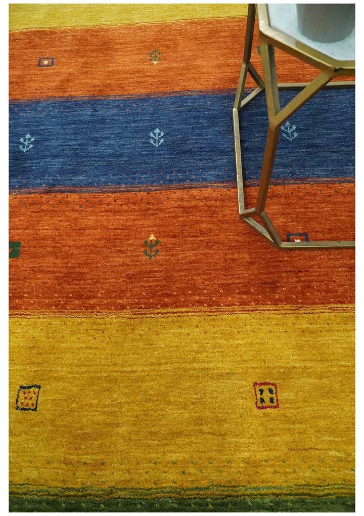 Tribal Gabbeh Green, Gold, Rust and Blue Stripes Design 4.6x7 Wool area Rug - The Rug Decor