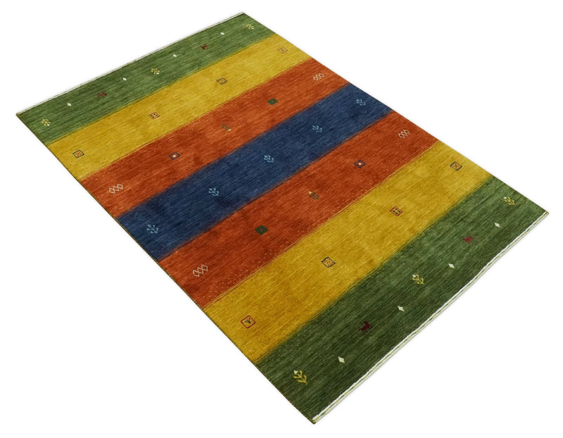 Tribal Gabbeh Green, Gold, Rust and Blue Stripes Design 4.6x7 Wool area Rug - The Rug Decor