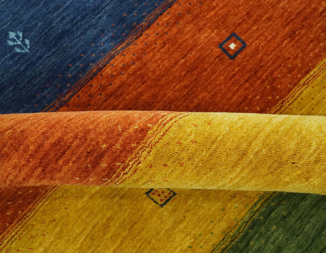 Tribal Gabbeh Green, Gold, Rust and Blue Stripes Design Multi Size Wool area Rug - The Rug Decor