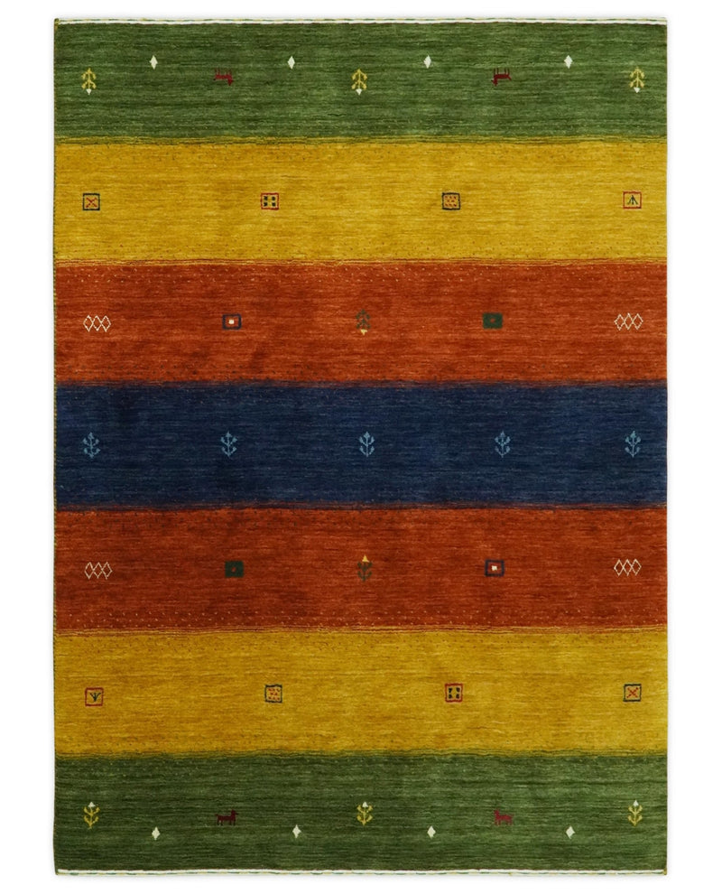 Tribal Gabbeh Green, Gold, Rust and Blue Stripes Design Multi Size Wool area Rug - The Rug Decor