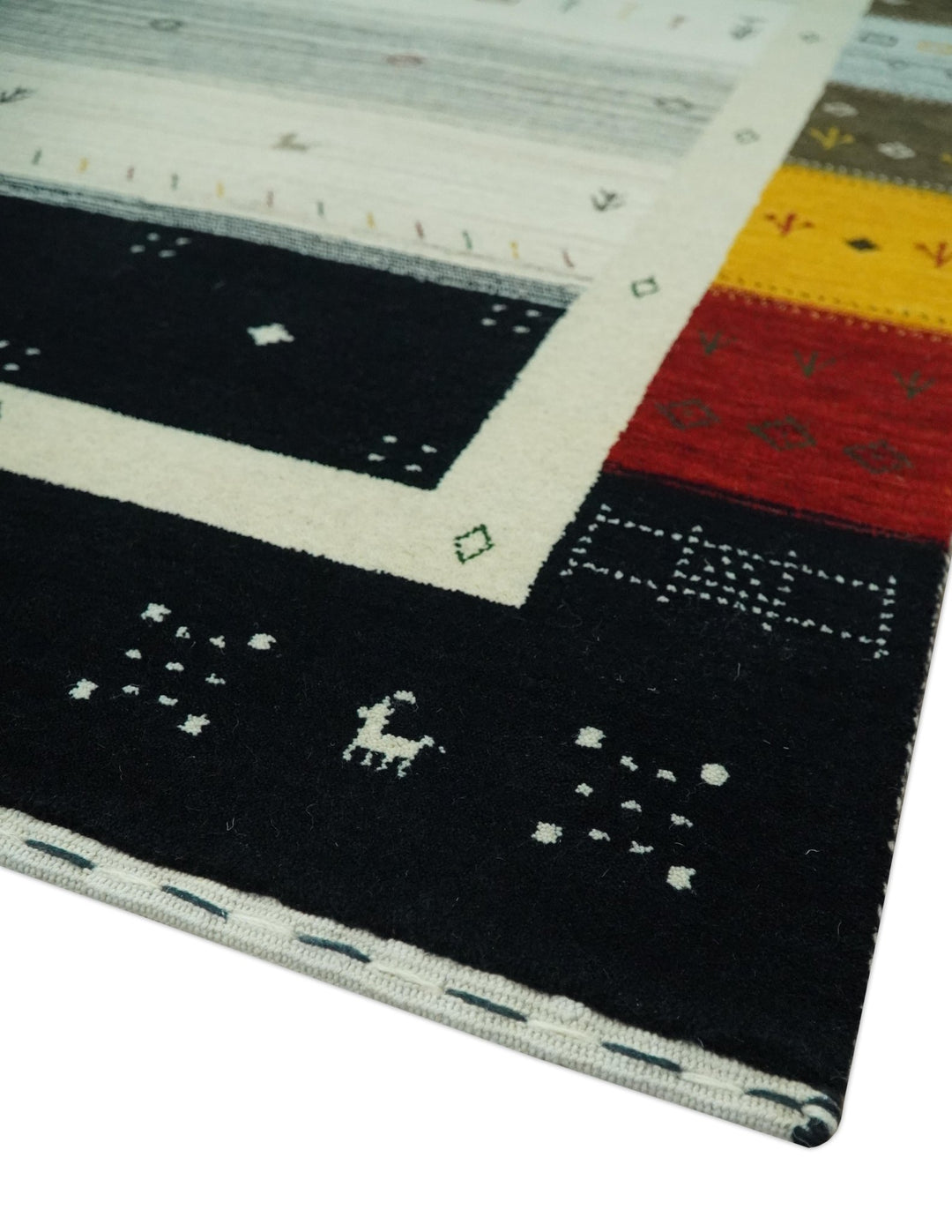 Tribal Gabbeh Ivory, Black, Gold and Maroon Stripes design Traditional Hand loom 4.6x7 Wool Area Rug - The Rug Decor