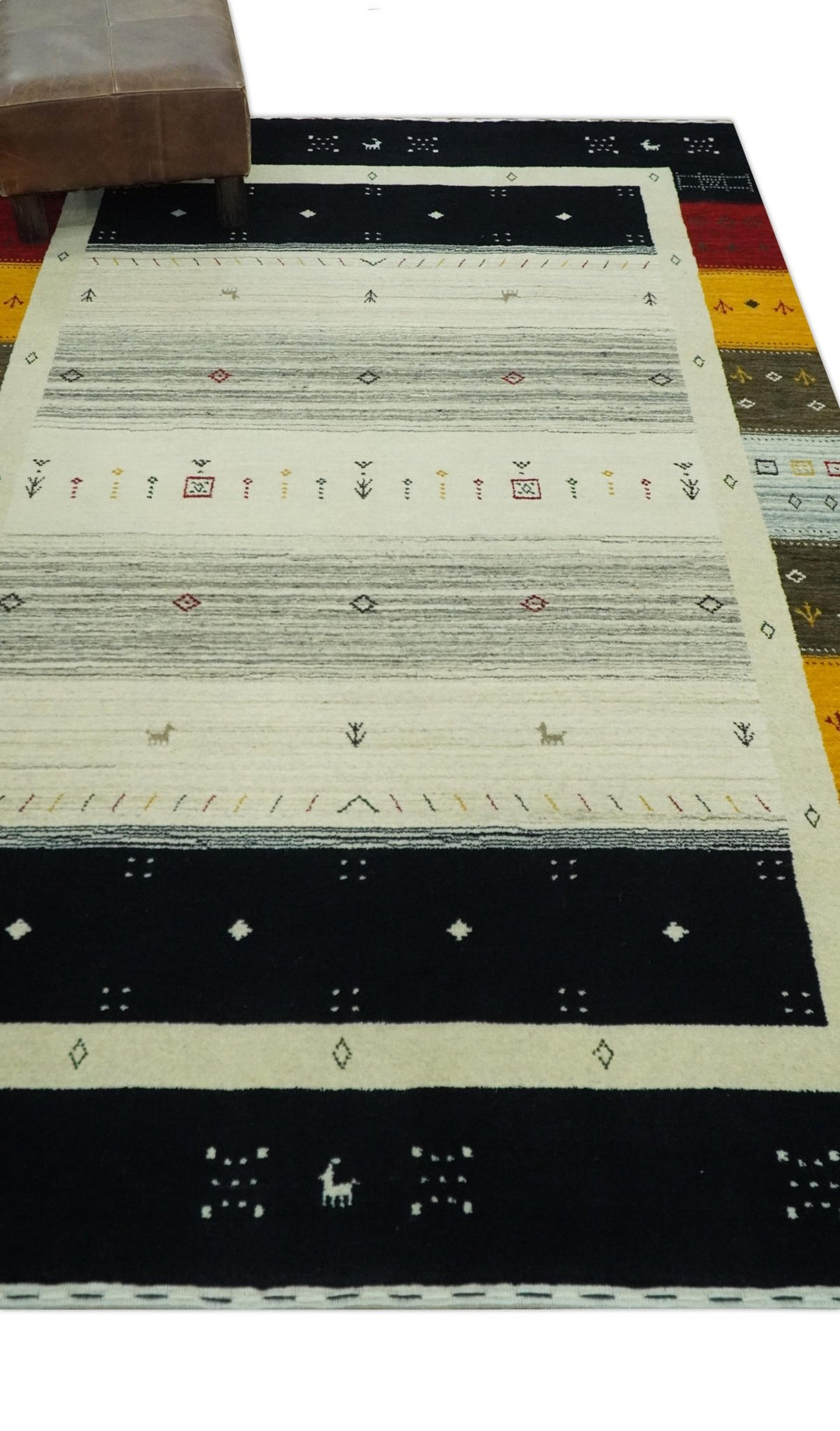 Tribal Gabbeh Ivory, Black, Gold and Maroon Stripes design Traditional Hand loom 4.6x7 Wool Area Rug - The Rug Decor