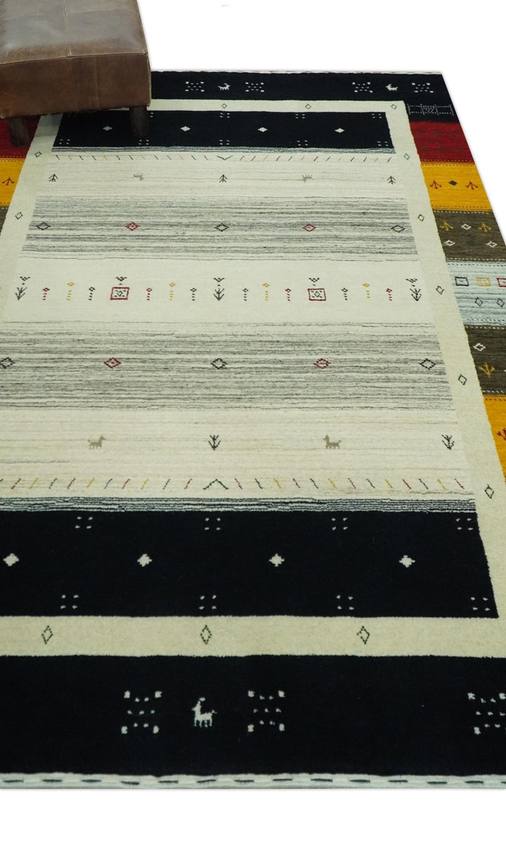 Tribal Gabbeh Ivory, Black, Gold and Maroon Stripes design Traditional Hand loom 4.6x7 Wool Area Rug - The Rug Decor