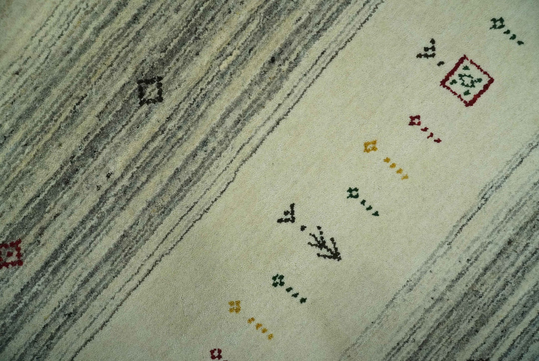 Tribal Gabbeh Ivory, Black, Gold and Maroon Stripes design Traditional Hand loom 4.6x7 Wool Area Rug - The Rug Decor