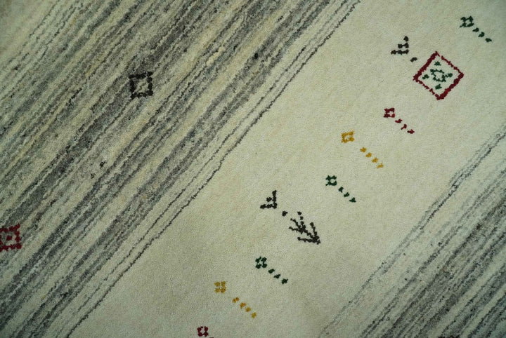 Tribal Gabbeh Ivory, Black, Gold and Maroon Stripes design Traditional Hand loom 4.6x7 Wool Area Rug - The Rug Decor