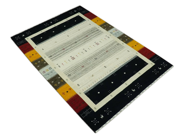 Tribal Gabbeh Ivory, Black, Gold and Maroon Stripes design Traditional Hand loom 4.6x7 Wool Area Rug - The Rug Decor