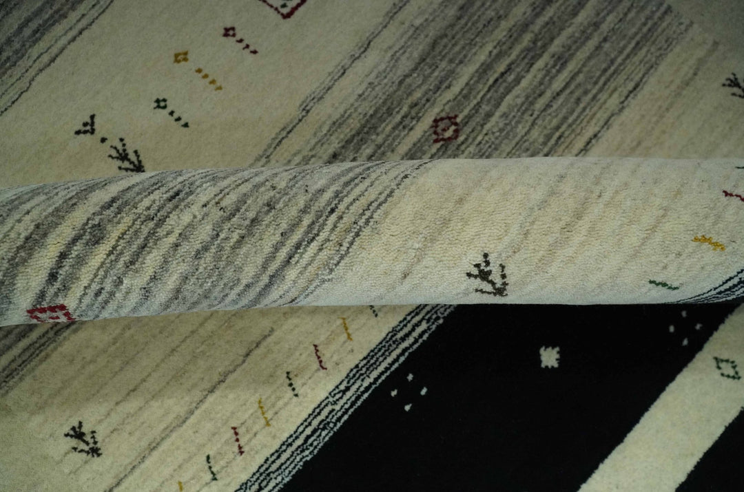 Tribal Gabbeh Ivory, Black, Gold and Maroon Stripes design Traditional Hand loom 4.6x7 Wool Area Rug - The Rug Decor