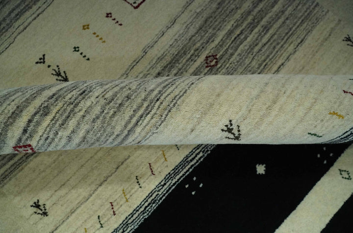 Tribal Gabbeh Ivory, Black, Gold and Maroon Stripes design Traditional Hand loom 4.6x7 Wool Area Rug - The Rug Decor