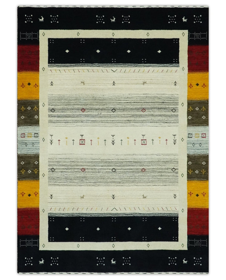 Tribal Gabbeh Ivory, Black, Gold and Maroon Stripes design Traditional Hand loom 4.6x7 Wool Area Rug - The Rug Decor